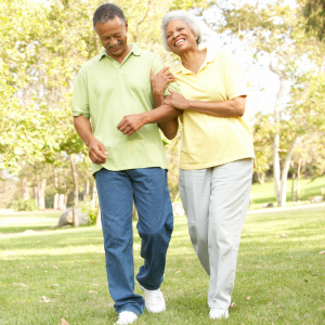 older woman and man walking