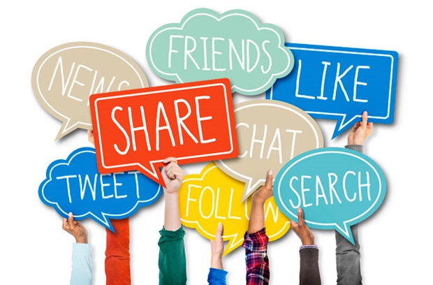 Illustration of people holding signs describing common social media interactions